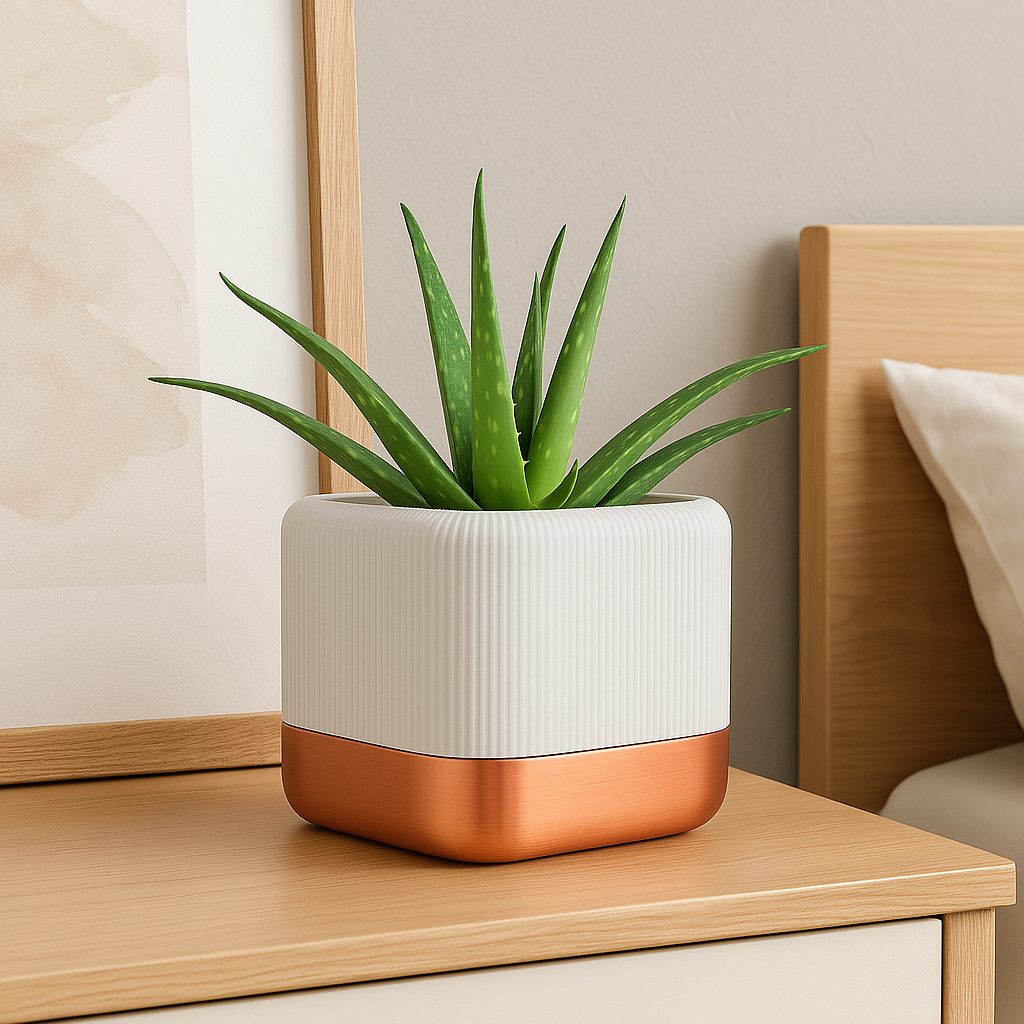 🪴 QUADRA – Maceta Autorriego de Diseño Elegante (Blanco & Cobre, 14x12x12 cm)
